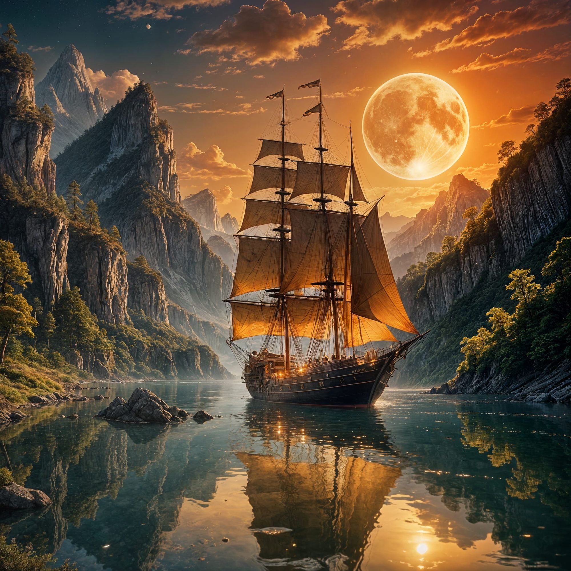  a stunniglyfantsy seascape feauturing classic ship with glowing amber sails sailing through crystal clear  still wter at sunset a mssive ra...