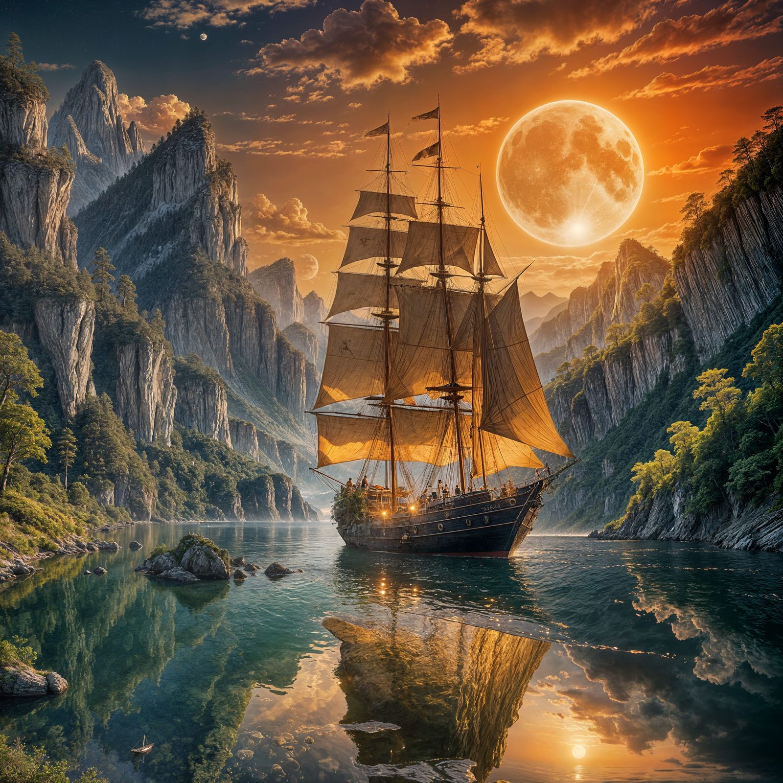 a stunniglyfantsy seascape feauturing classic ship with glowing amber sails sailing through crystal ...  by @legend