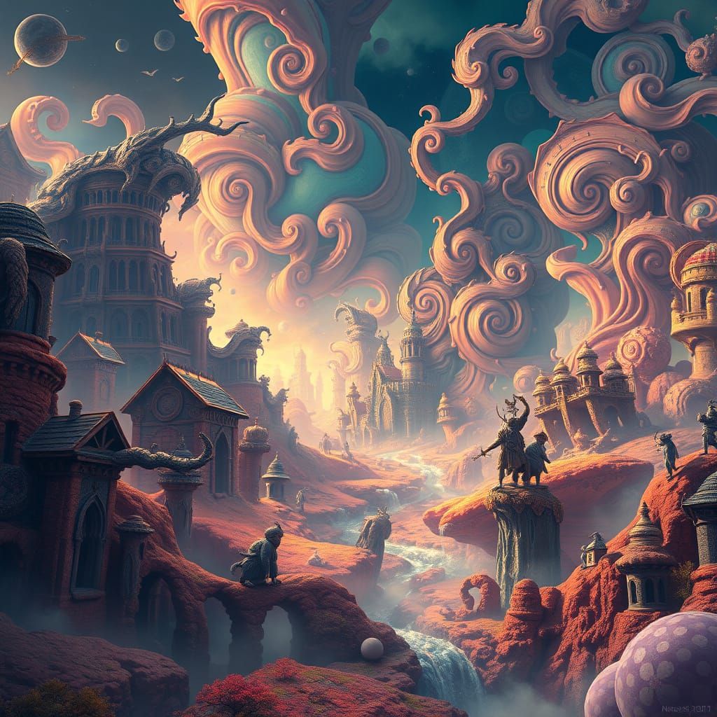 Dreamlike Fantasy Realm in Vibrant, Swirling Patterns