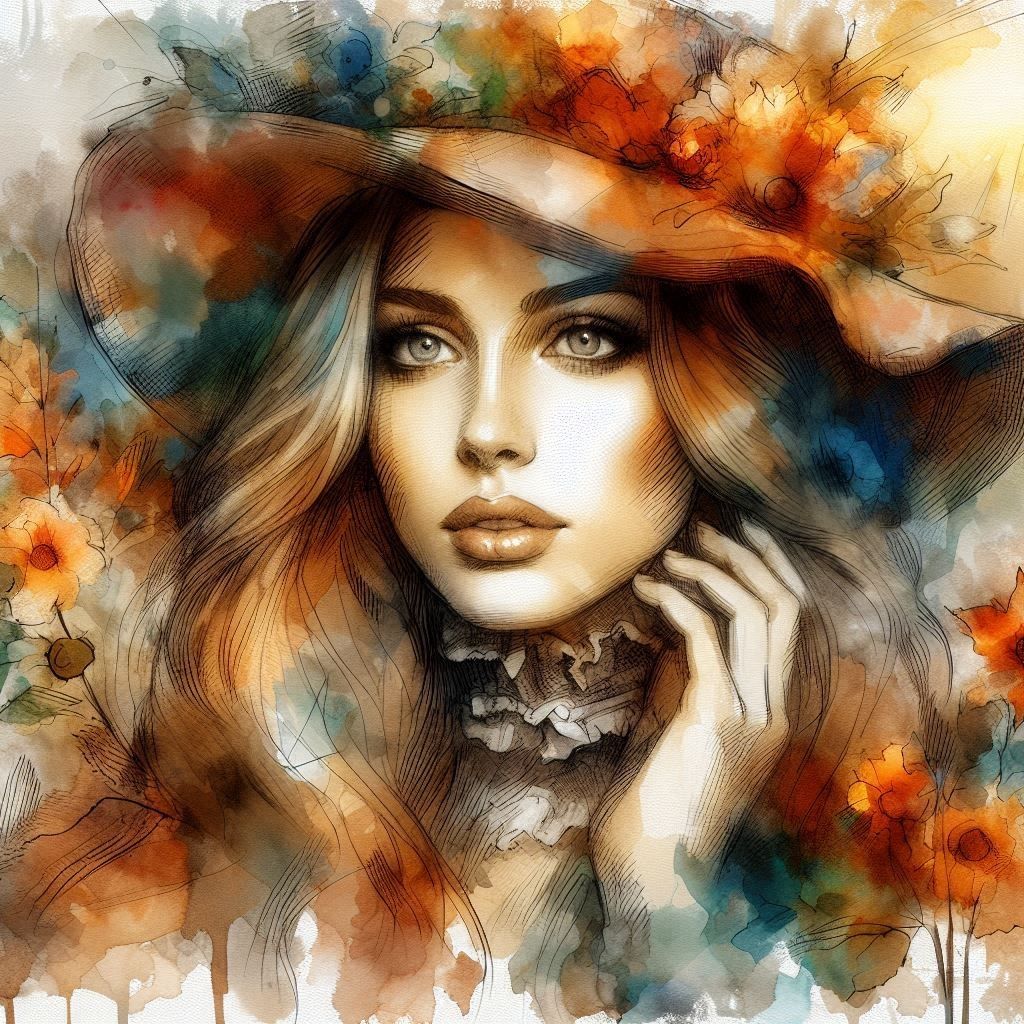 lovely woman portrait, watercolor painting