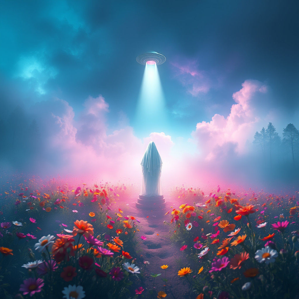 Ghostly Figure in Mystical, Vibrant Landscape