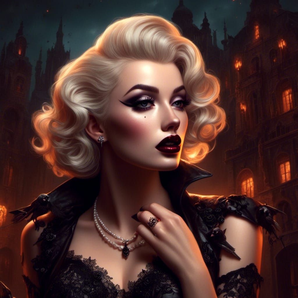 <lora:Midnight Retro:1.0> portrait, goth Marilyn Monroe, dramatic goth makeup, dynamic lighting