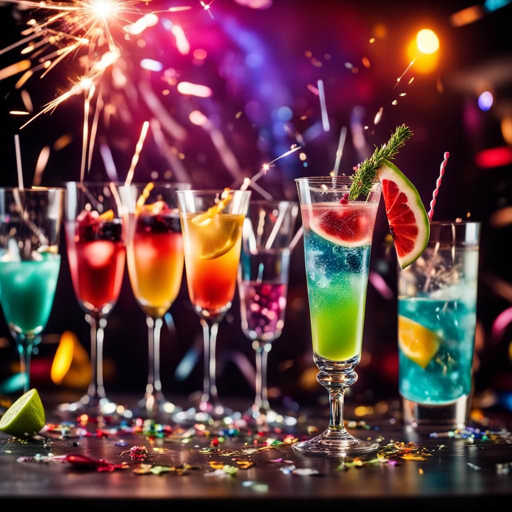 Colorful cocktails in a variety of stemware with confetti and sparklers