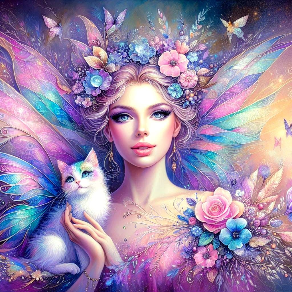 Fairy with flowers in her hair, and a cat.