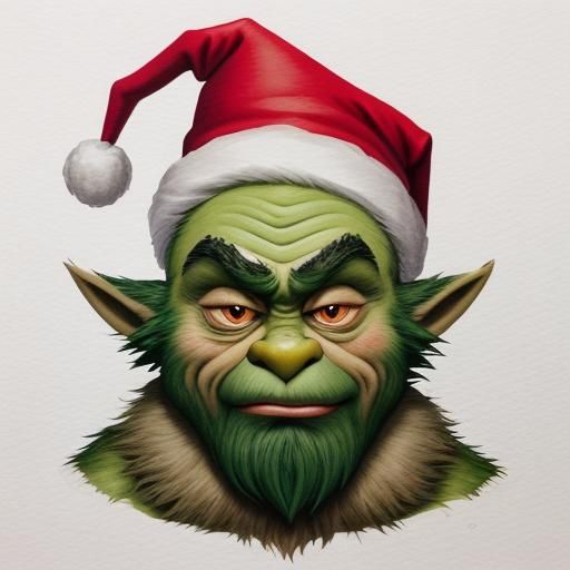whimsical gnome with features inspired by the Grinch. The gn...
