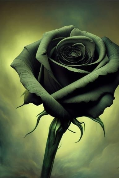 black rose under a glass flask, black rose, sunset, oil pain...