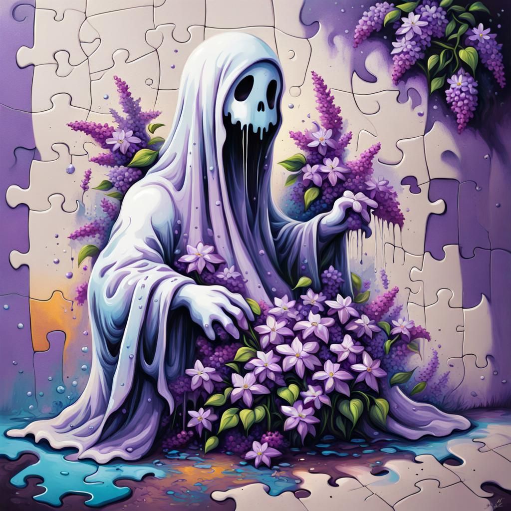 ghost with lilac flowers