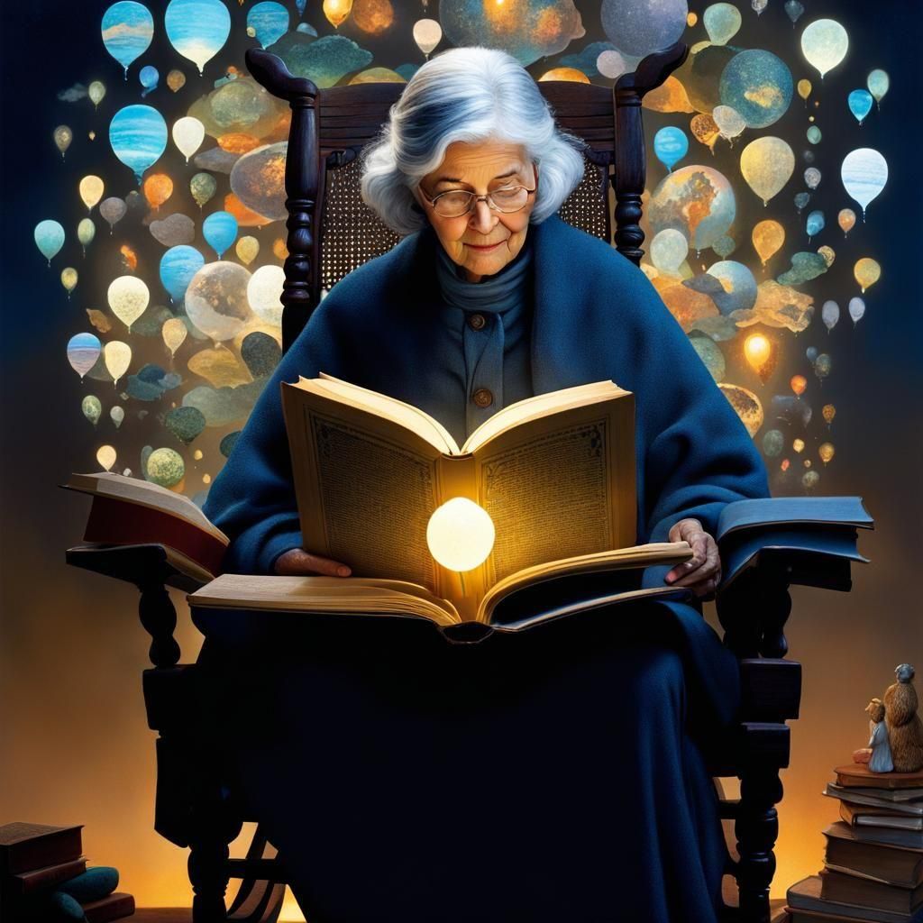 My life's from books' written pages, lived and learned from fools and from sages. Pensive gray-haired woman sitting in a rocking chair with...