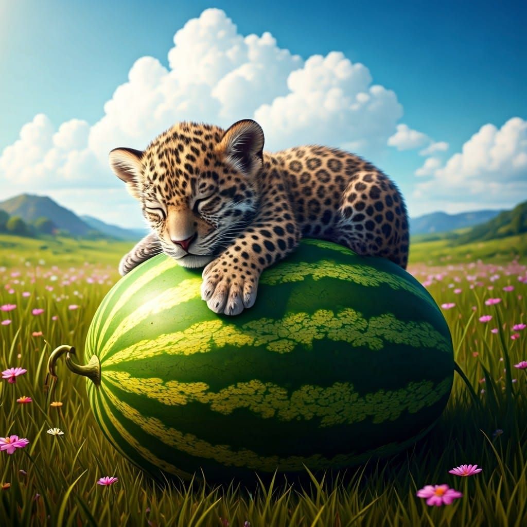 Sleeping Jaguar Cub on Watermelon in Fantasy Style