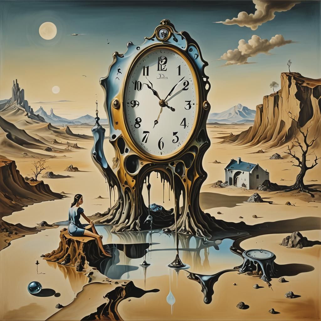 Salvador Dalí surrealistic landscape with melting clock and one woman ...