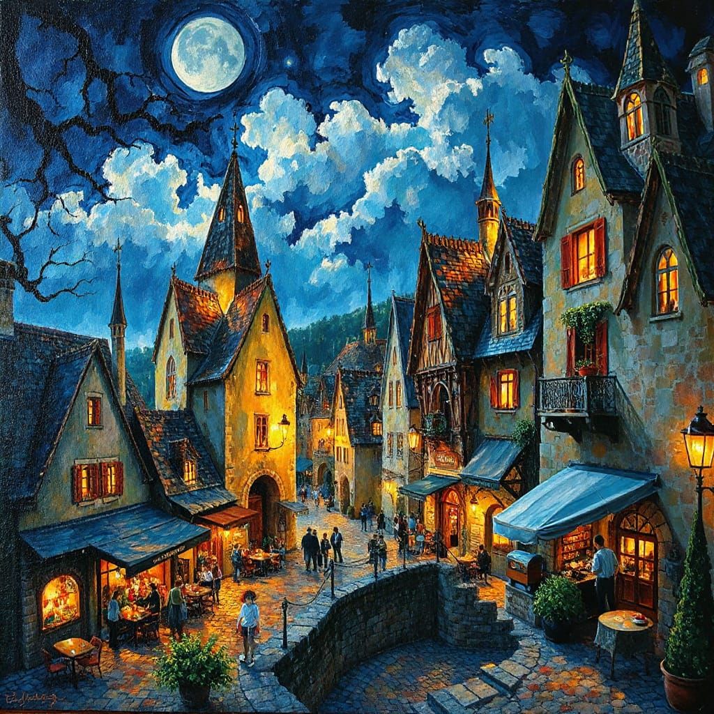 Medieval Impressionist Street Scene Under Starry Night