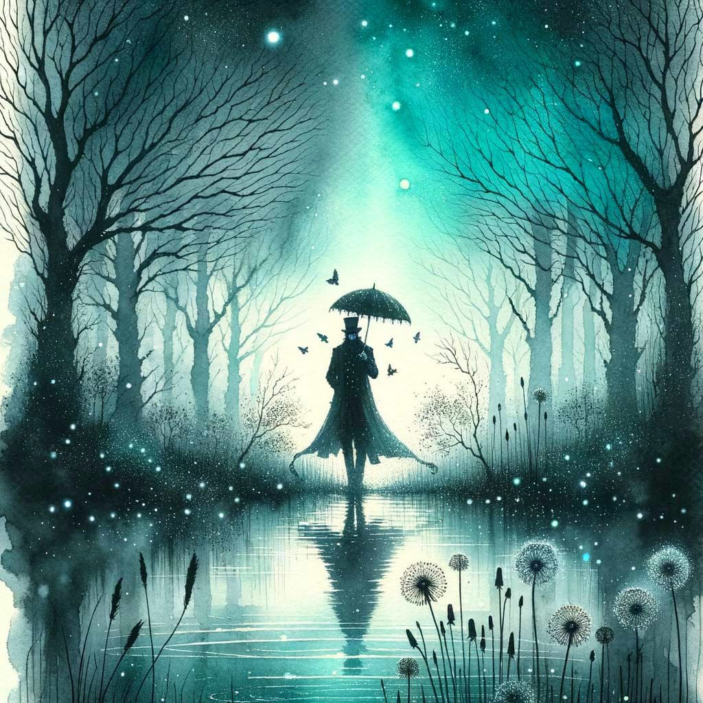 Man With Umbrella in Mystical Forest Watercolor