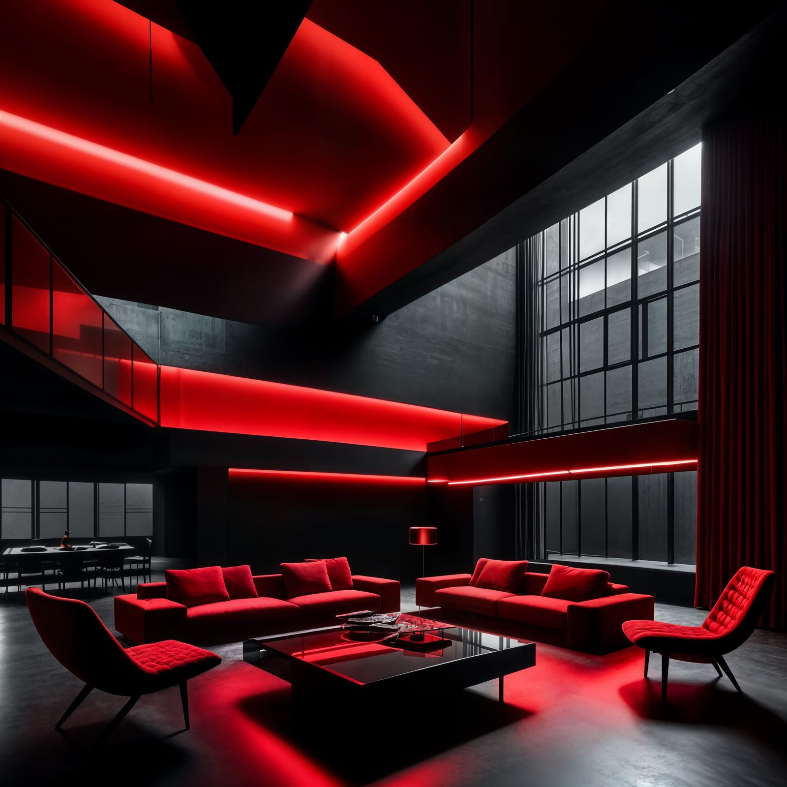 Brutalist Interior with Red Lighting