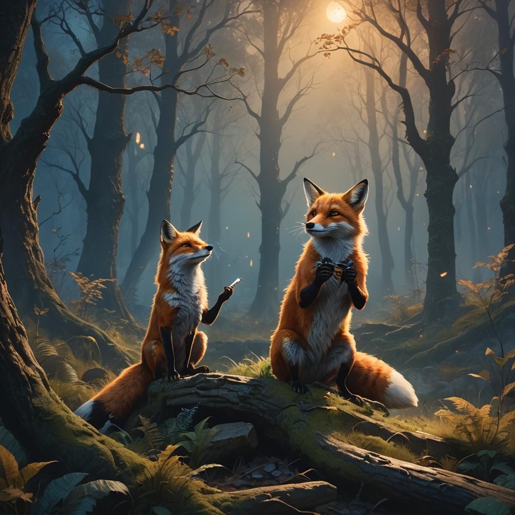 Fox Plays Harmonica in Misty Forest, Oil Painting
