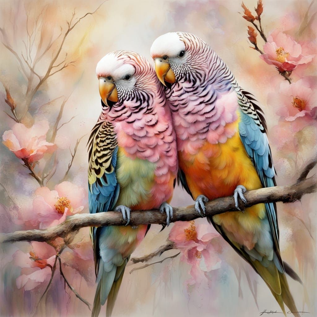 Pink and orange Budgies on a tree branch, soft impressionist painting, fine brush strokes, Lee Bogle, ...  by @MrKitWalker