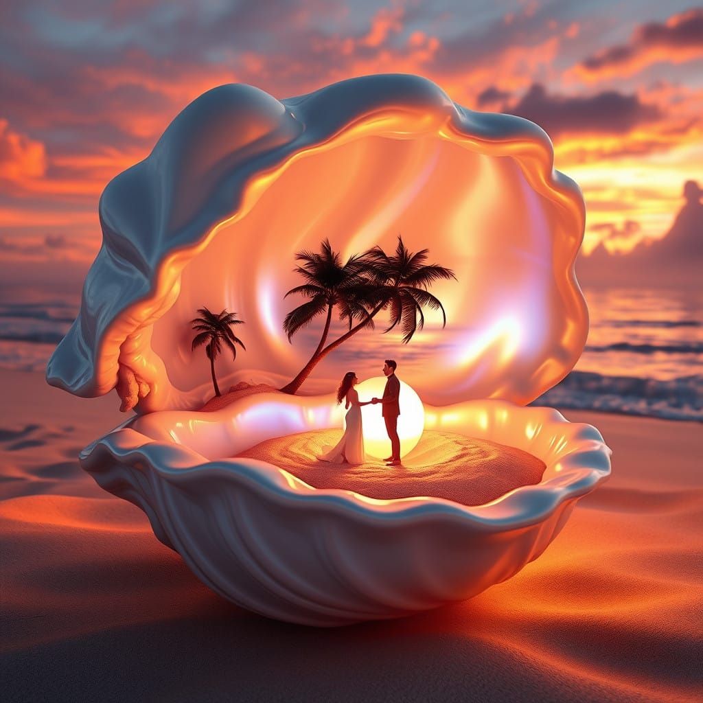Glowing Pearl Proposal Scene in Dreamlike Beach Setting