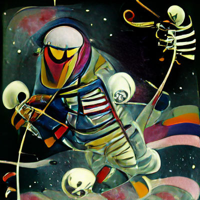 Scary skeleton astronaut in space Kandinsky