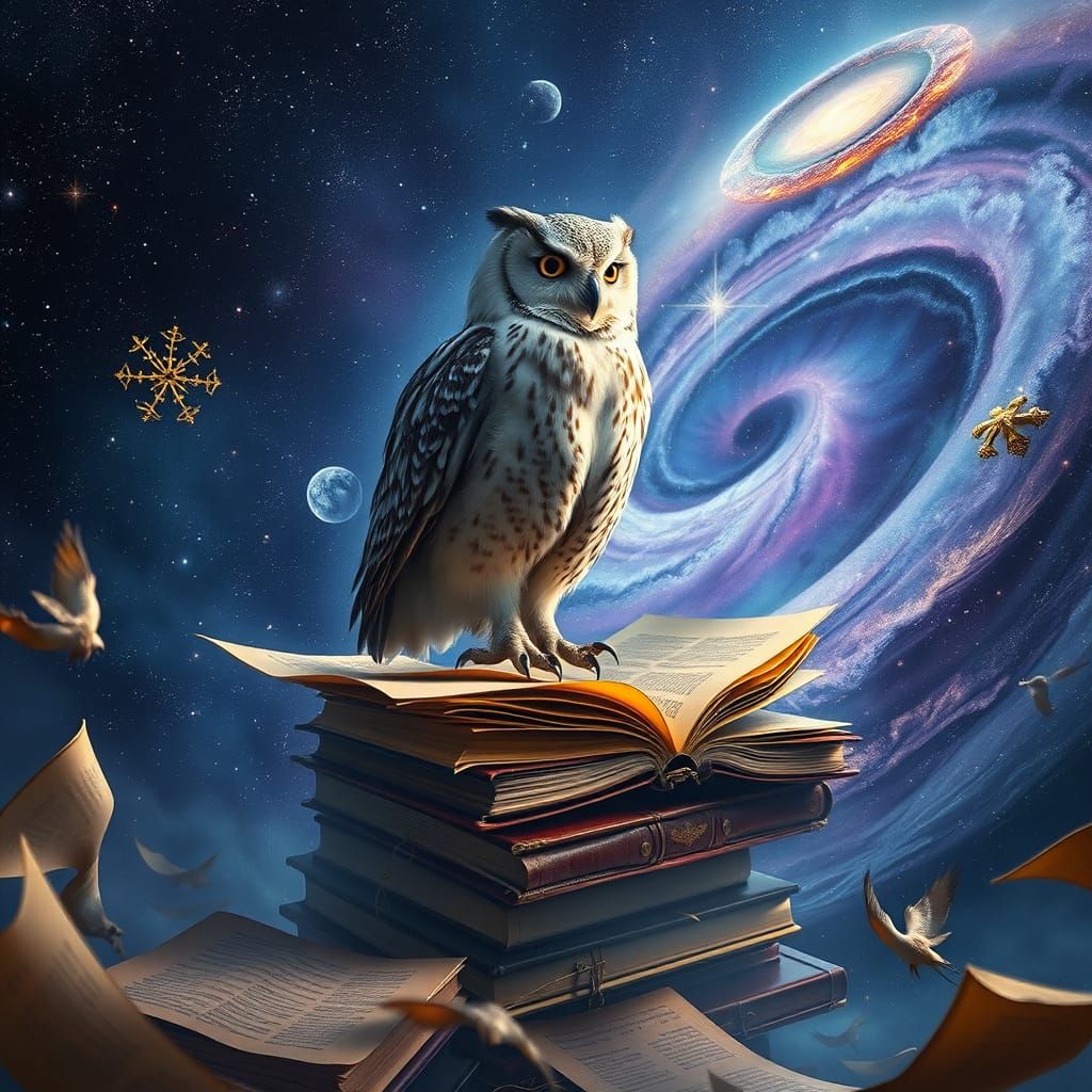 Majestic Owl Amidst Cosmic Vortex of Ancient Tomes