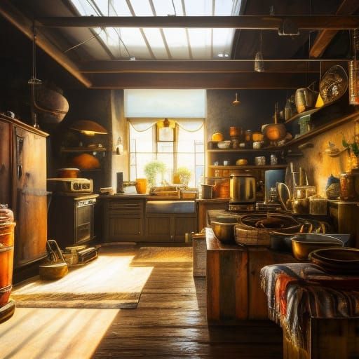 Household Items: A ultra-detailed beautiful panting of an extremely cute looking industrial home kitchen, ...  by @Lennis