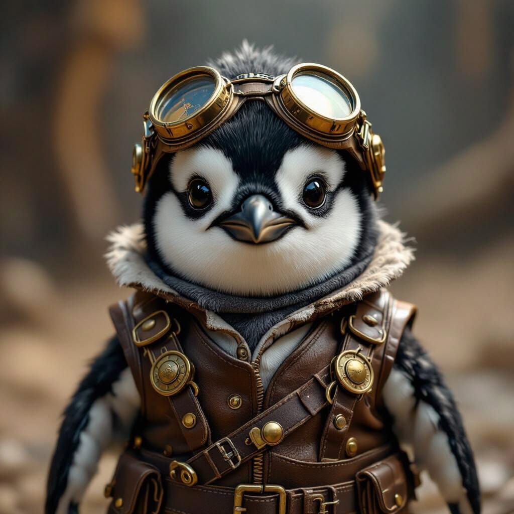 A hyperrealistic steam punk baby penguin character in a steam punk outfit