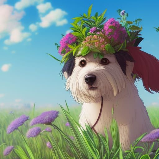 creative cute dog with plant and flowers on his head