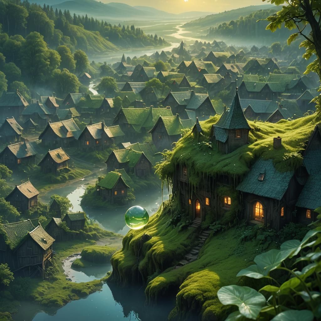 Village Inside Dewdrop: Fantasy Matte Painting