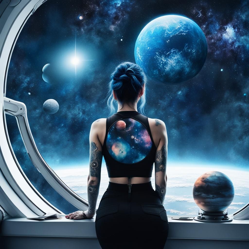 sits a girl with tattooed shoulders; we see her from behind ...