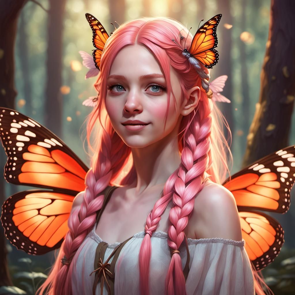 Fairy female . Orange butterfly wings on back
Beautiful cute pretty , child
Long pink hair with plaits
Happy
Fantasy for...