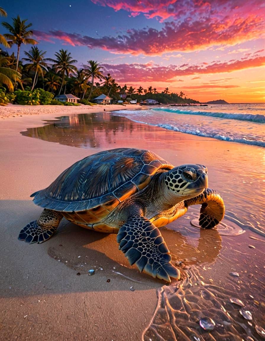 A majestic sea turtle on the shore of a beautiful beach with crystal clear waters shimmering under atmospheric ...  by @Quebra