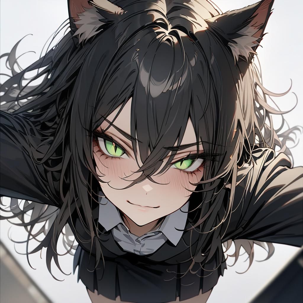 Girl with Cat Ears, Black Hair, and Green Eyes