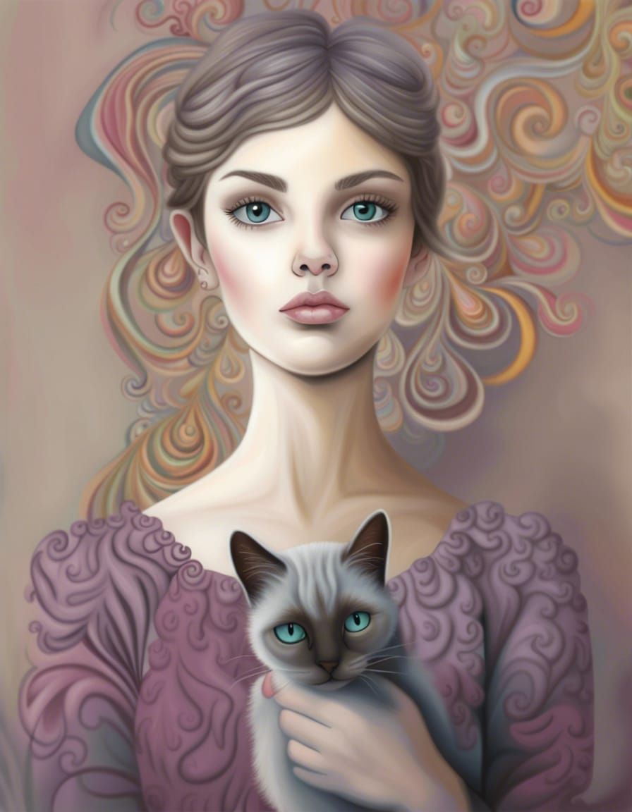 Detailed Portrait Of A Girl With A Cat, Margaret Keane Style Detailed 