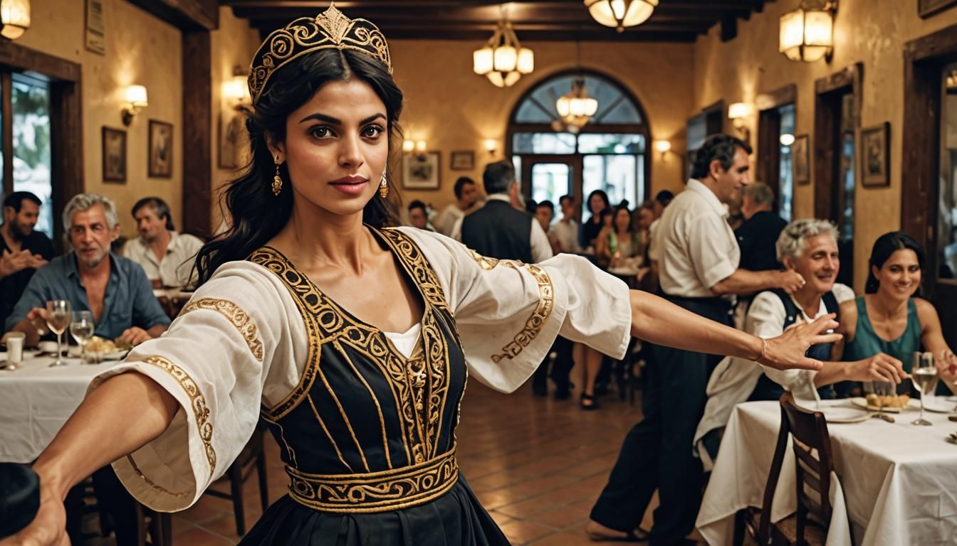 Morena Baccarin as a Greek Dancer in traditional wardrobe