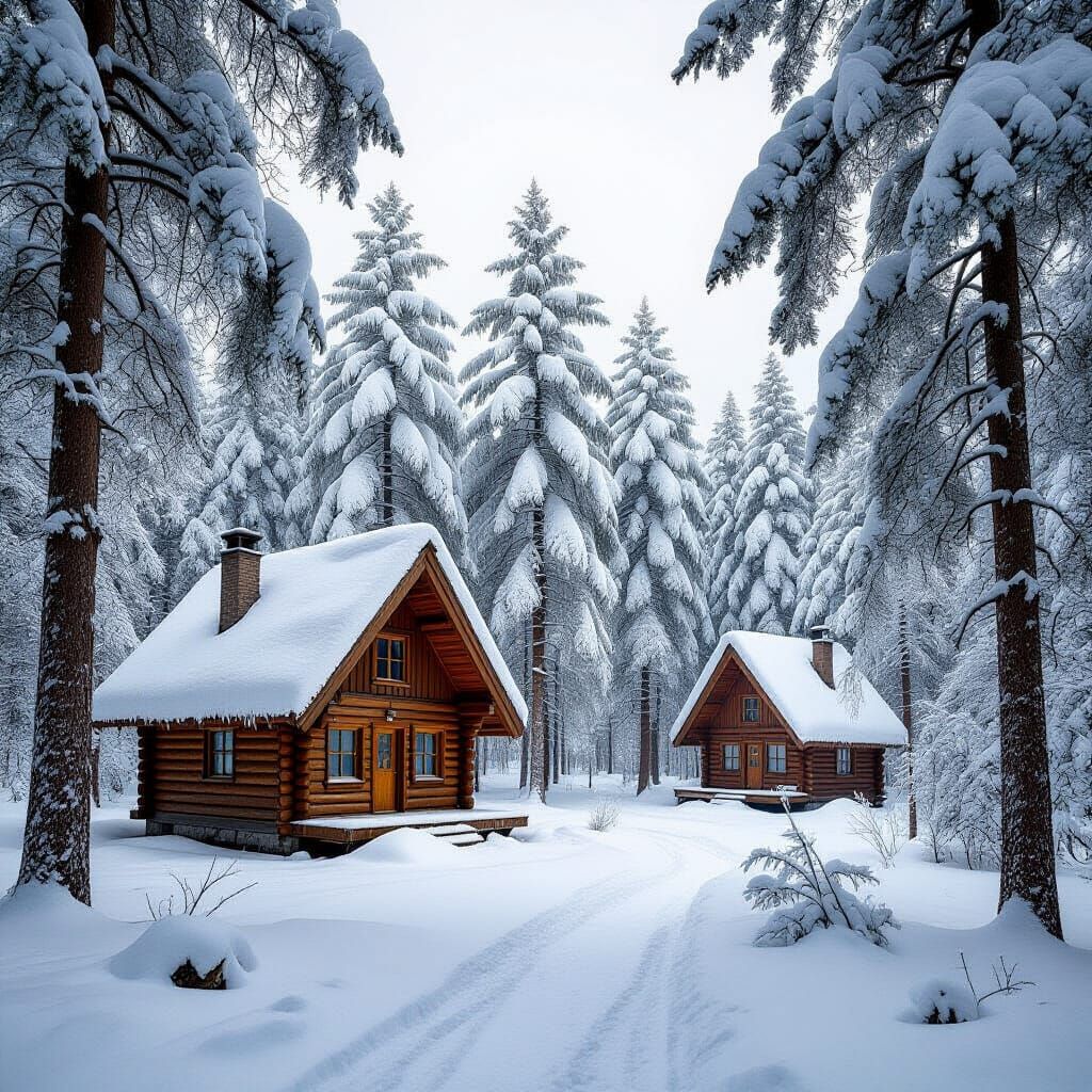 Snowy Evergreen Forests with Cozy Cabins by a Stream