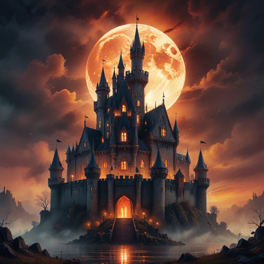 Digital watercolor Illustration of a gothic castle bloodmoon, Complex contrast, HDR, Sharp, soft Cinematic ...  by @Shadowbird