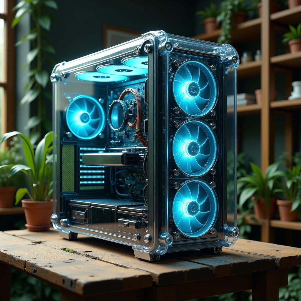 <lora:Transparent:1.0>A transparent computer showing all its parts inside, the engine, the discs, every single detail in a large scale and u...