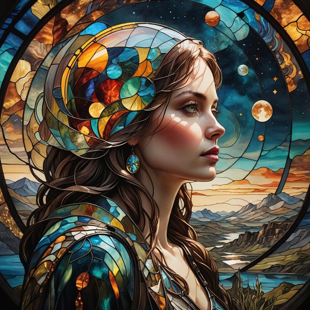 The world of stained glass, 
Double exposure. Side profile p...