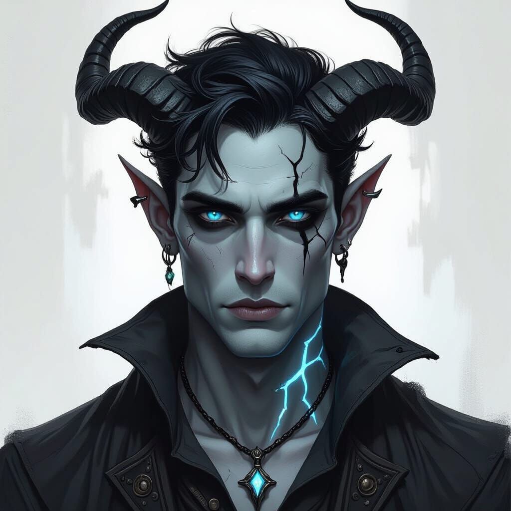 Male tiefling warlock with ash color skin thats cracked and almost looks to be dusty. Eyes are jet black with ice blue pupils, one horn brok...