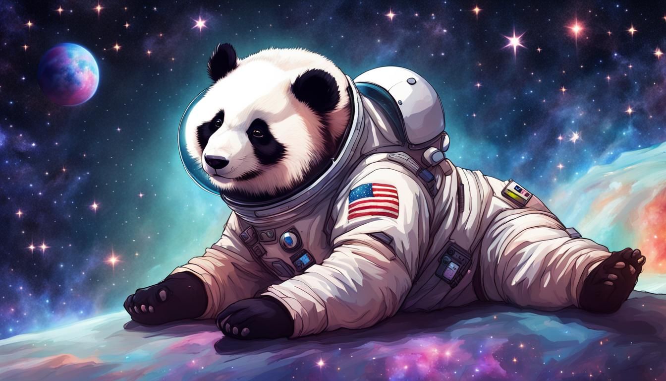 A serene panda bear wearing a spacesuit and helmet, full bod...