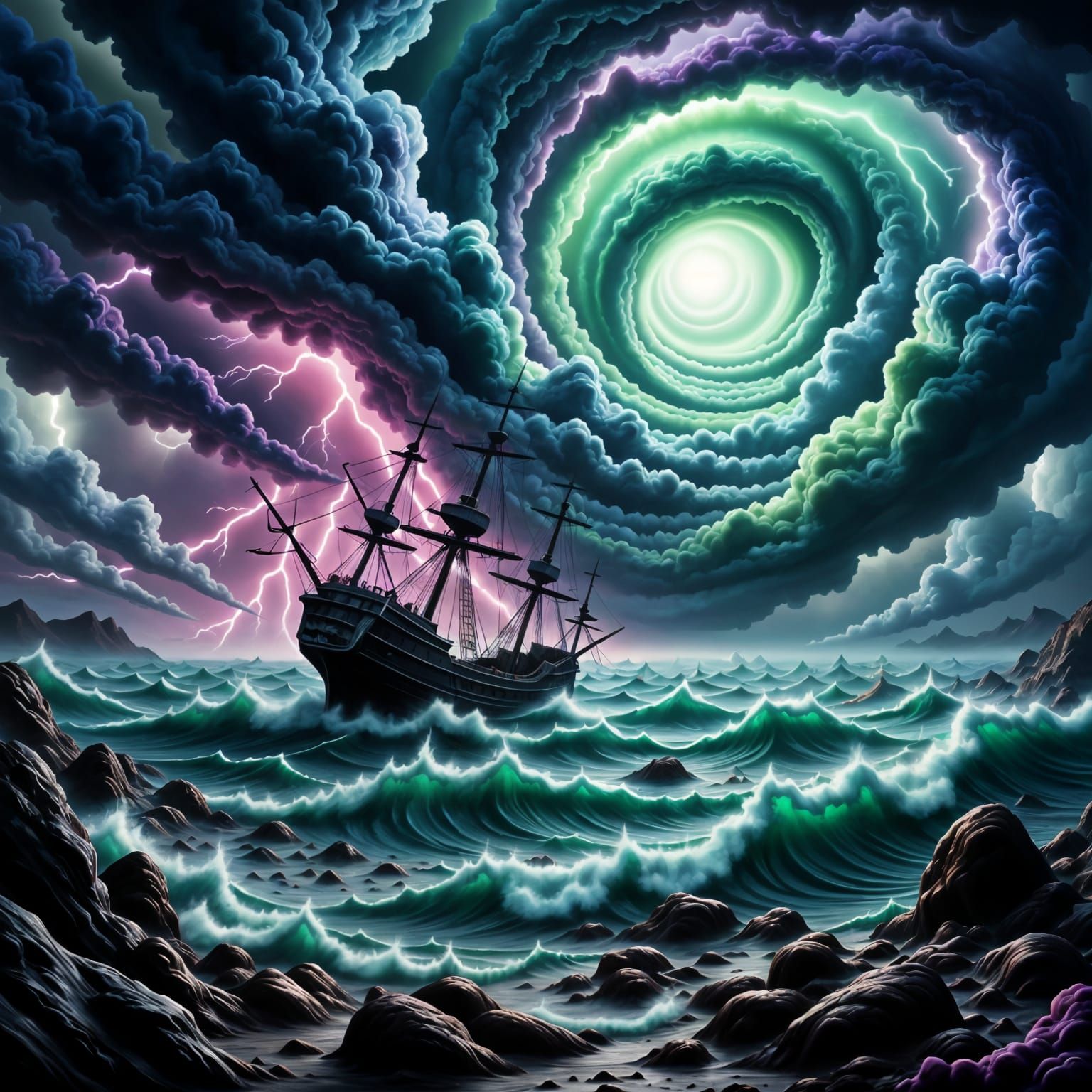 Hurricane ocean: derelict pirate ship in the Eye of the Storm, neon electric lightning, colorful swirling clouds <lora:Eye of the Storm:1.0>...