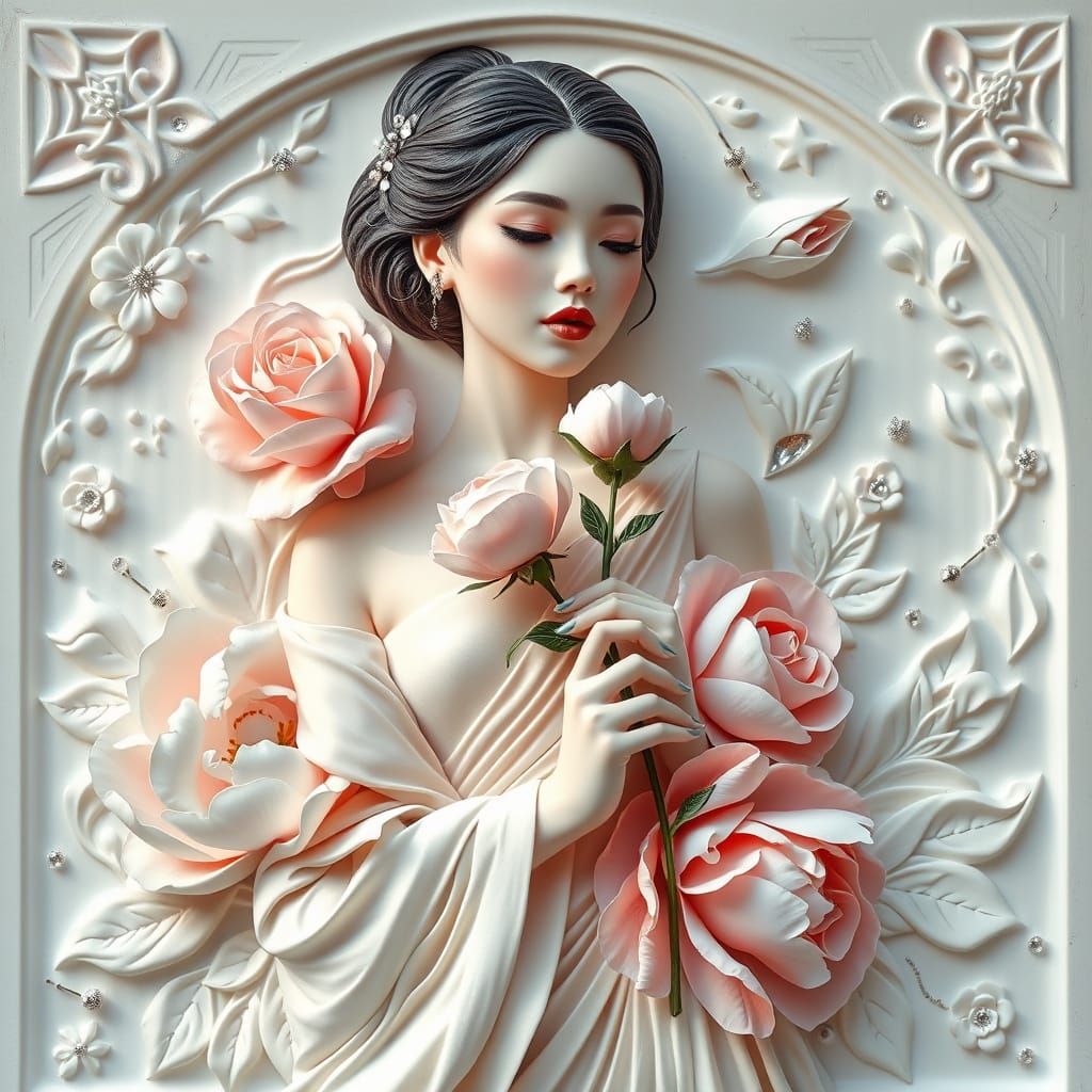 beautfuil woman holding a rose in bas-relief  by @Lady of the Thorns