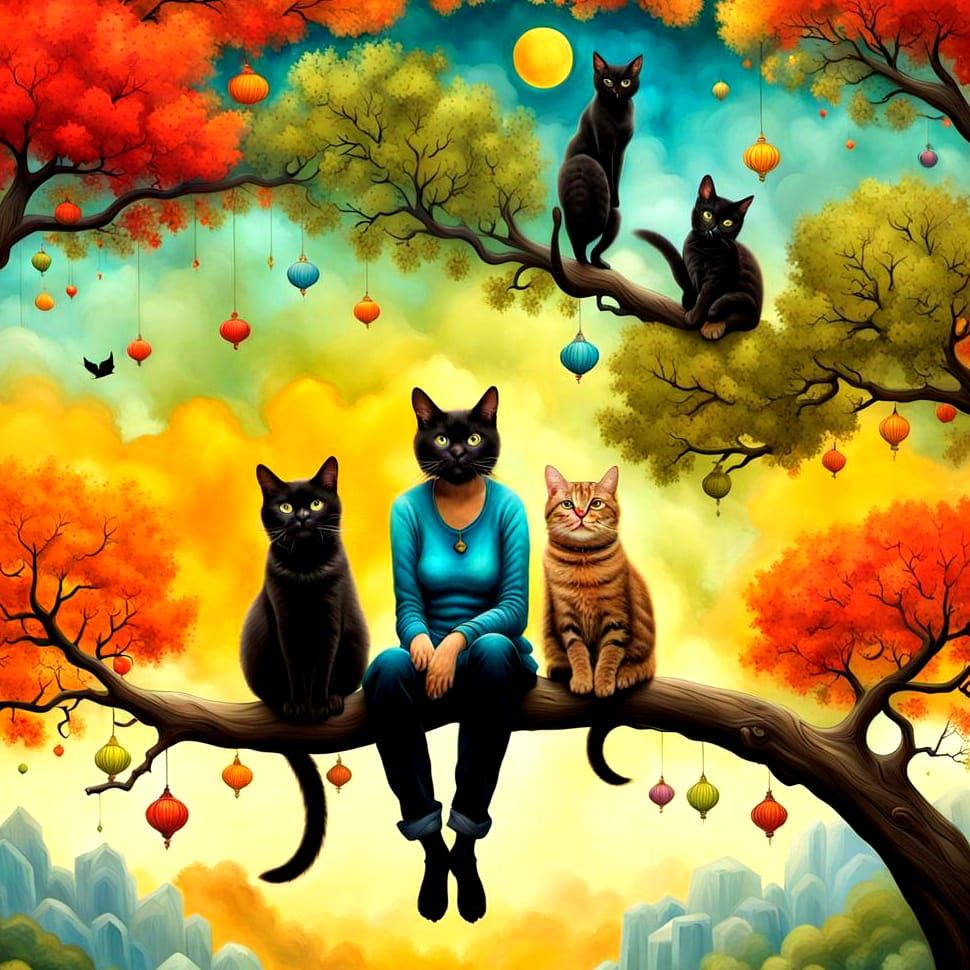 People and Cats Laughing Merrily on Tree Branches