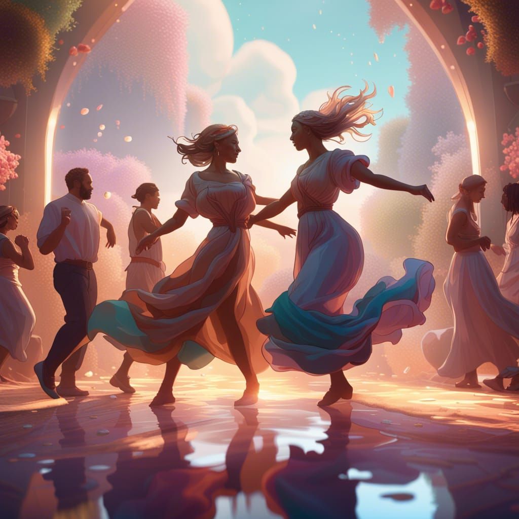 Dreamy landscape with people dancing