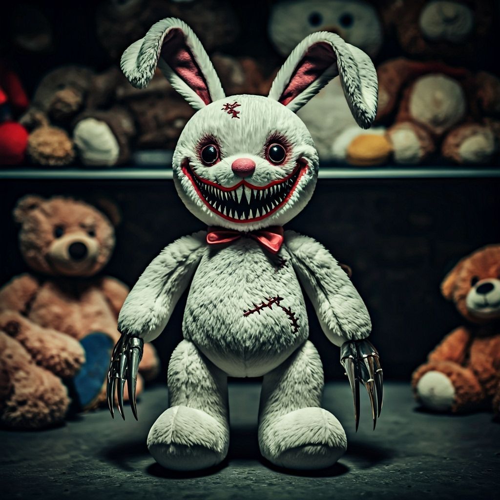 A once-fluffy bunny stuffed animal, now crudely stitched together with thick, black thread, revealing ...  by @tabbcat