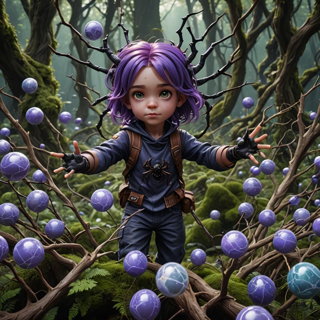 cute spider child  with purple hair taking a selfie sculptur...