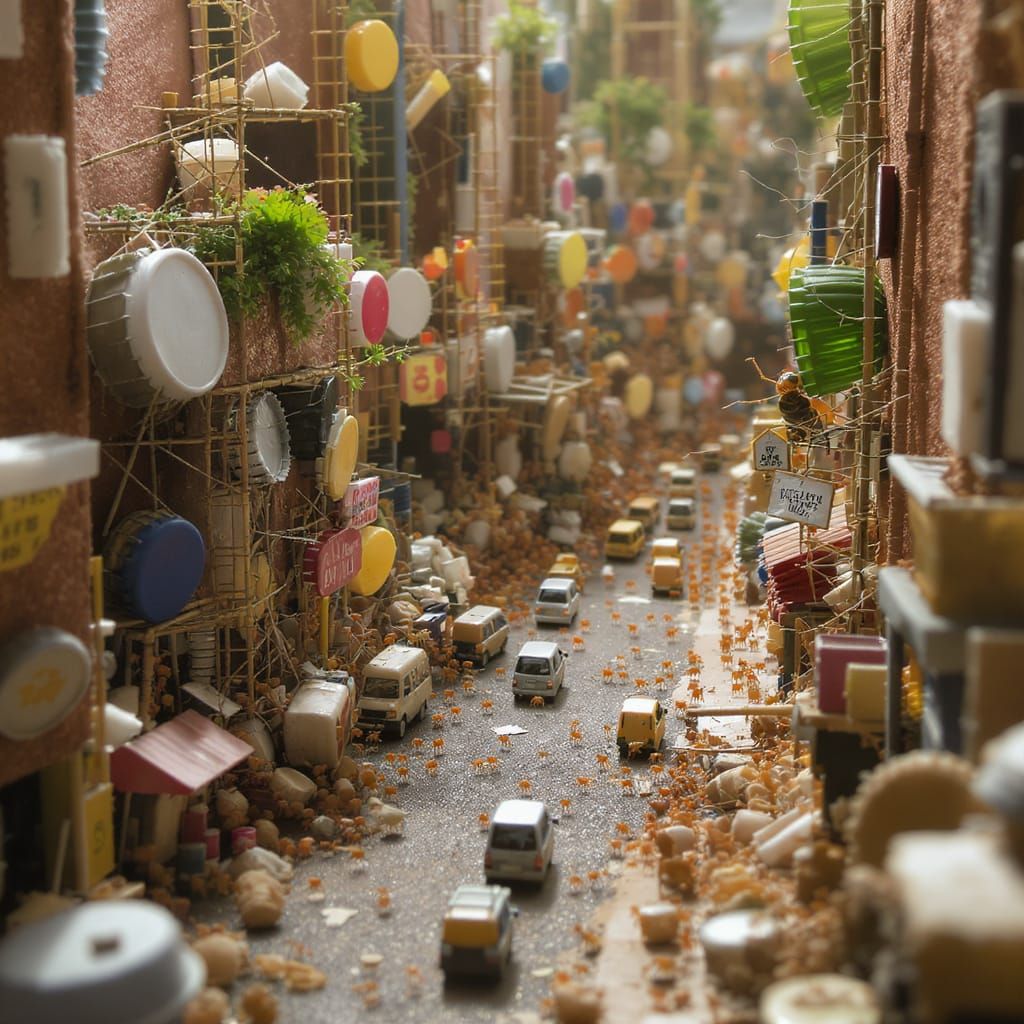 A colony of ants diligently constructing a miniature, bustling metropolis out of discarded bottle caps and other urban detritus. Tiny ant-si...