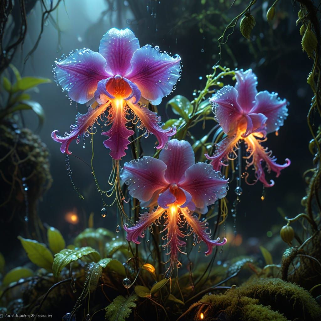 Magical Rose-Orchid-Jellyfish in Vibrant Dewy Landscape