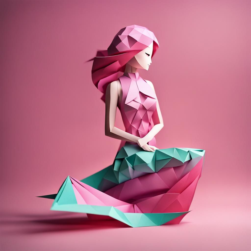 a mermaid with pink hair Origami paper folds papercraft, mad...