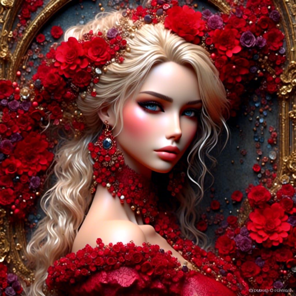 <lora:3D HD Portraits:1.0> <lora:Abstract Pebble Art:1.0> stunning blonde in red Victorian outfit rococo flowers on the side