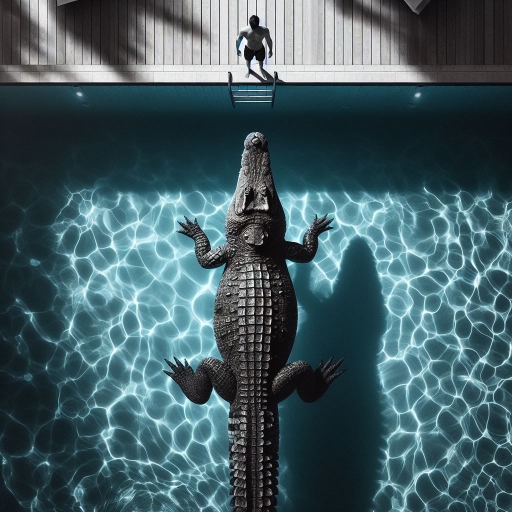 swimming pool with an underwater crocodile