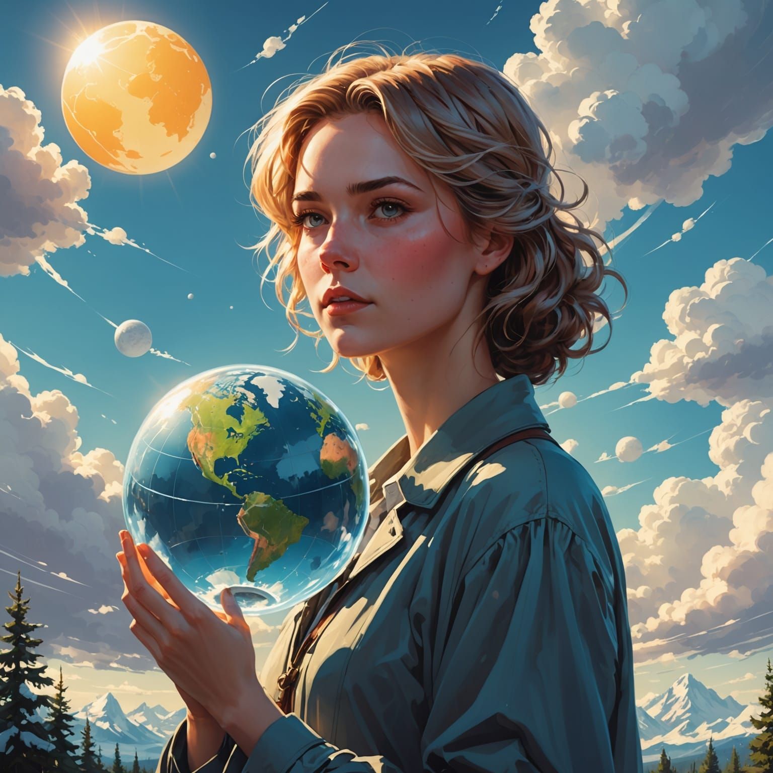 Woman with Globe in Ethereal Heavenly Light